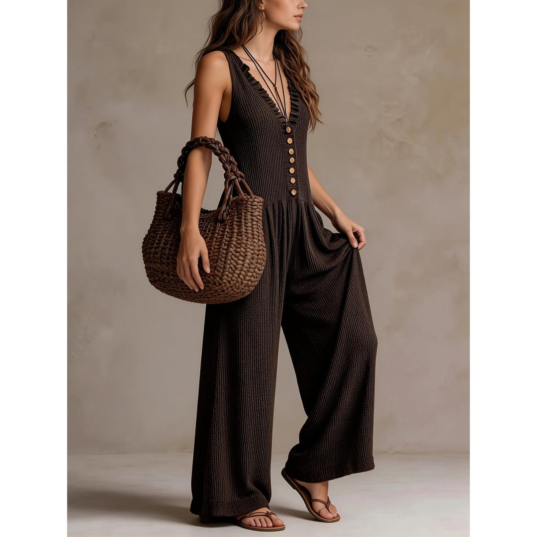 Ruffle V-Neck Smocked Wide-Leg Jumpsuit
