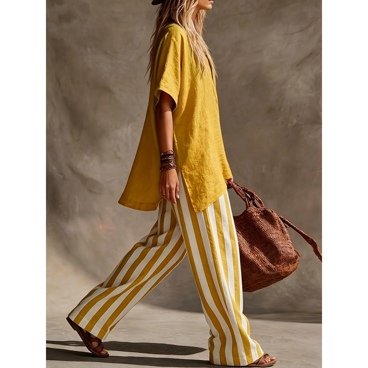 V-Neck Top And Striped Wide-Leg Pants Set
