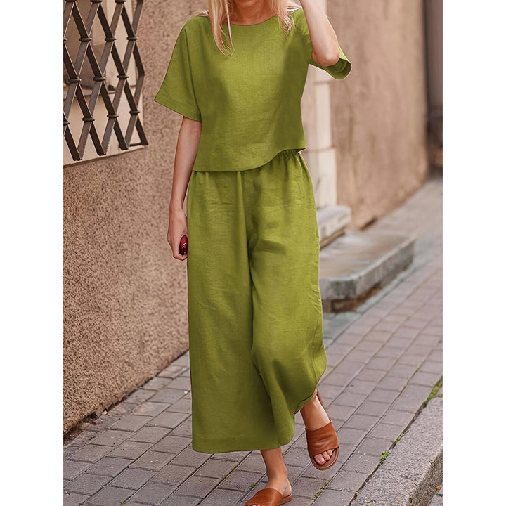 Crew Neck Short Sleeve Top And Wide-Leg Pants Set