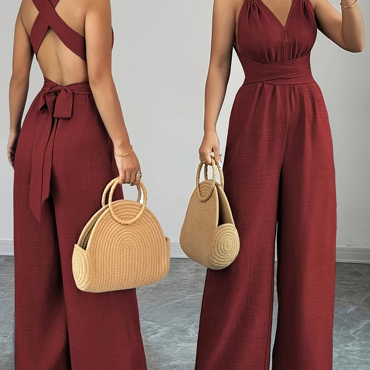 Halter V-Neck Ruched Wide-Leg Jumpsuit