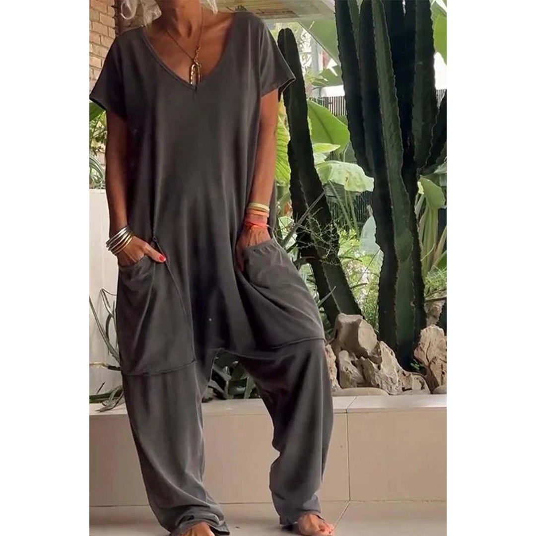 V-Neck Dropped-Crotch Casual Jumpsuit
