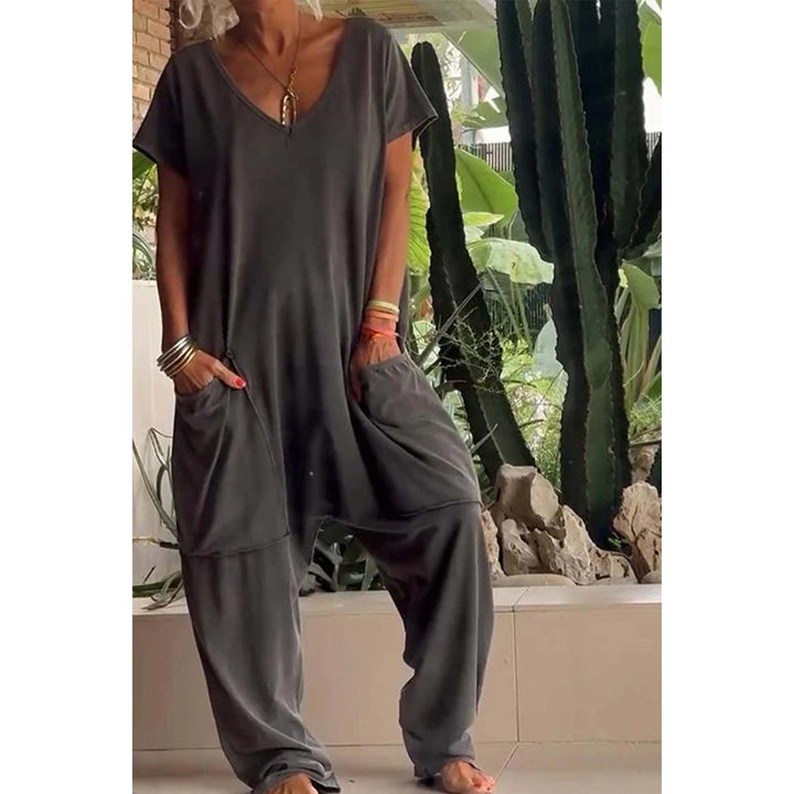 V-Neck Dropped-Crotch Casual Jumpsuit
