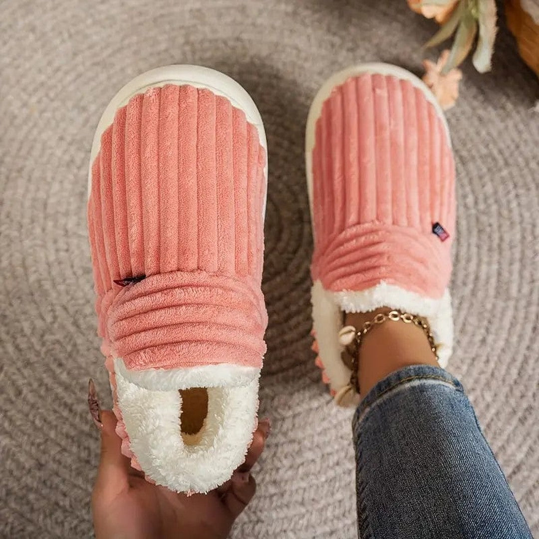 Corduroy slip-on slipper boots in pink, side view