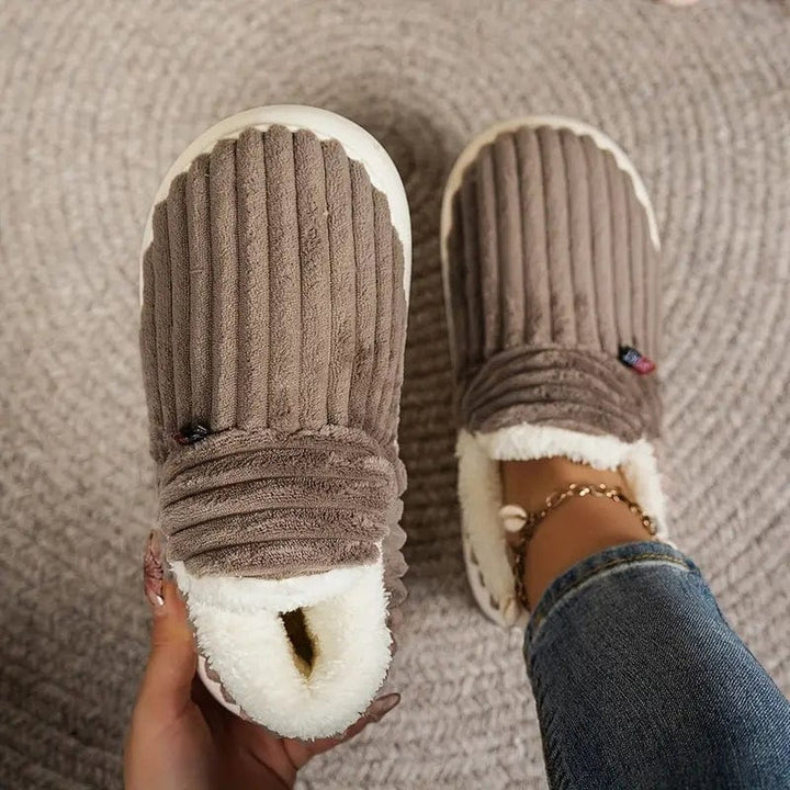 Corduroy slip-on slipper boots in brown, side view