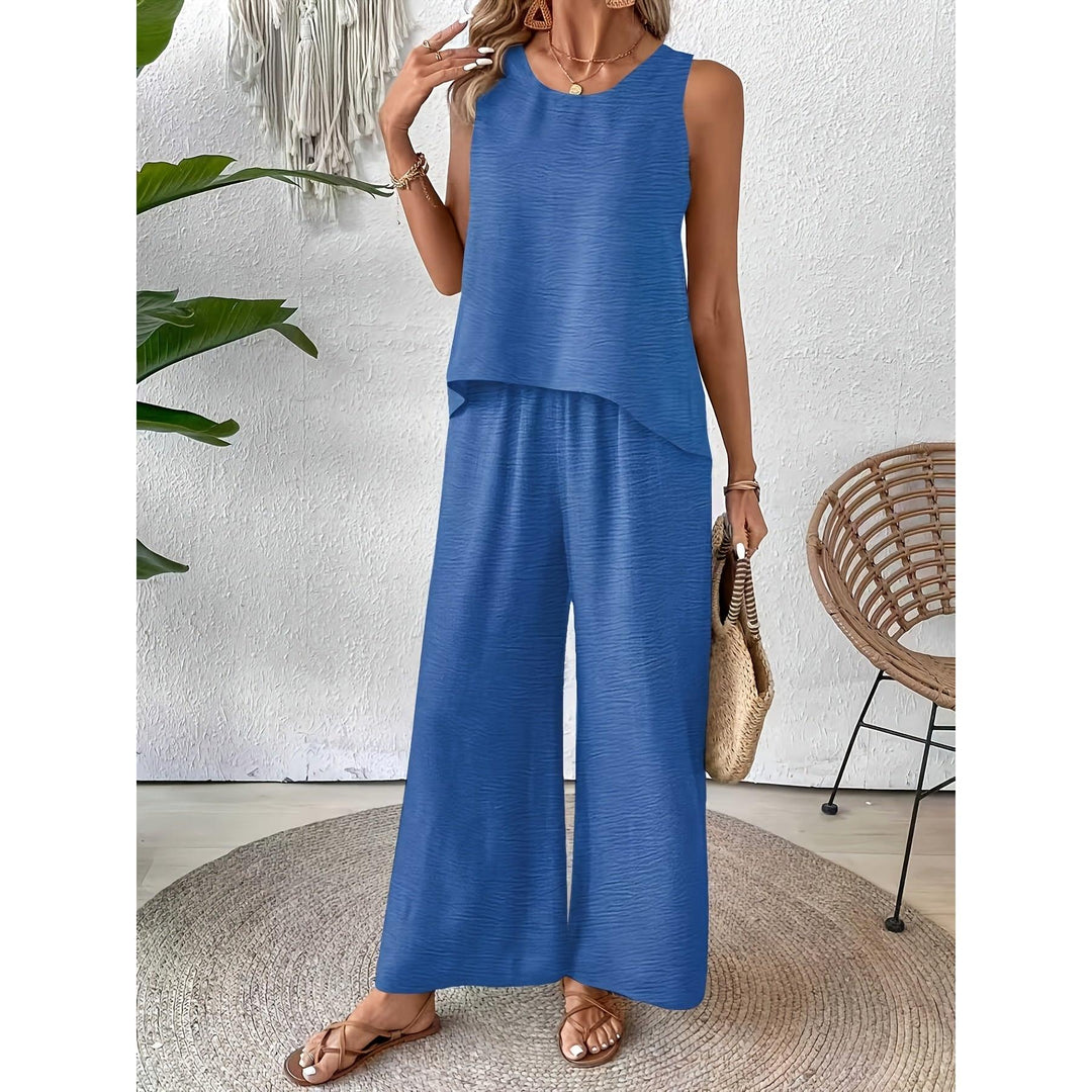 Crochet Back Sleeveless Top And Wide-Leg Pants Set