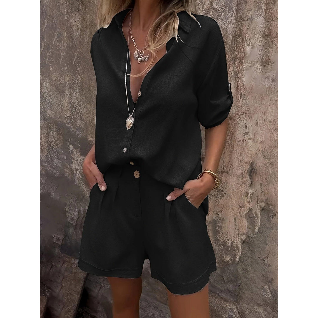 Shimmer-Look Collared Top And Shorts Set