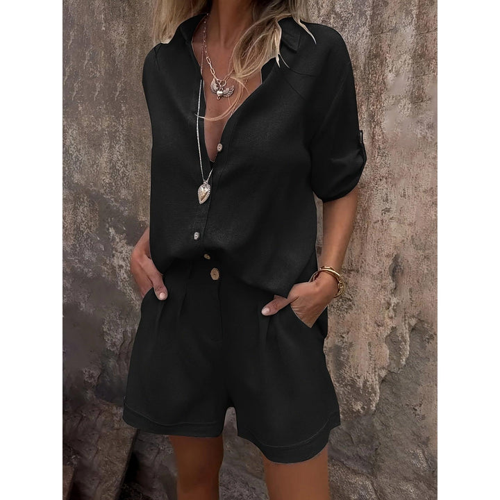 Shimmer-Look Collared Top And Shorts Set