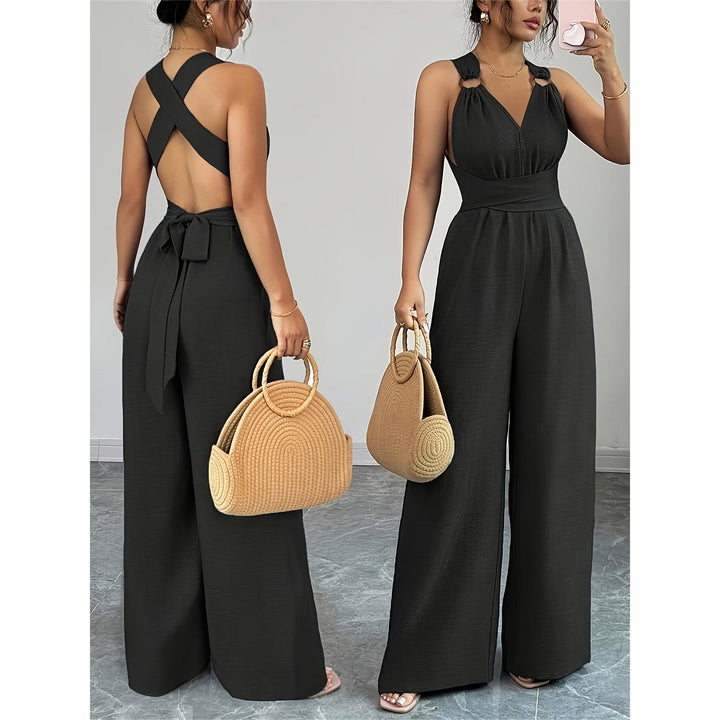 Halter V-Neck Ruched Wide-Leg Jumpsuit
