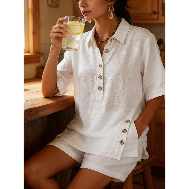 Button Detail Collared Top And Shorts Set