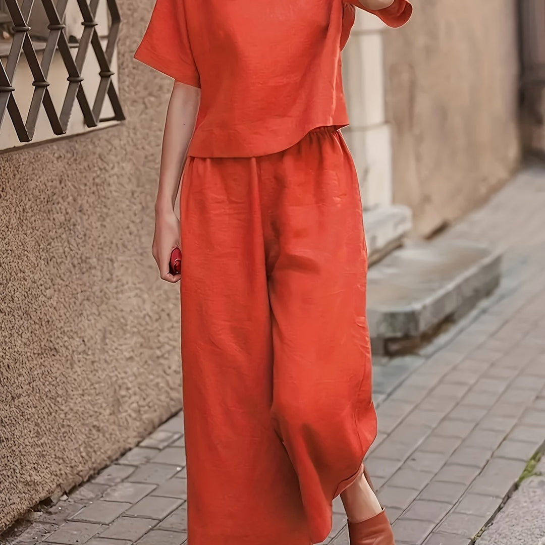 Crew Neck Short Sleeve Top And Wide-Leg Pants Set