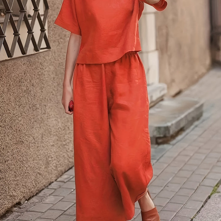 Crew Neck Short Sleeve Top And Wide-Leg Pants Set