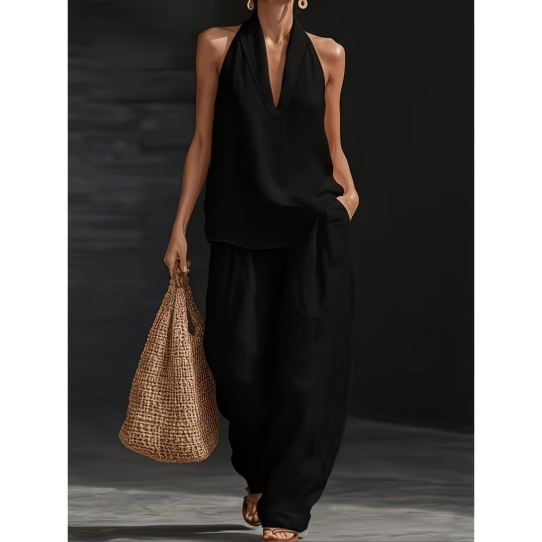 Halter V-Neck Backless Top And Wide-Leg Pants Set