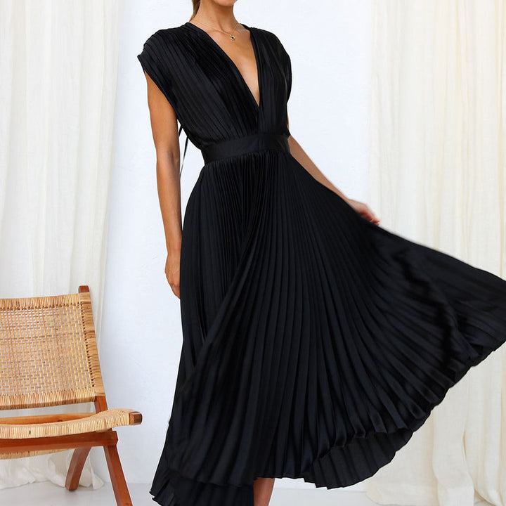 Pleated V-Neck Midi Dress