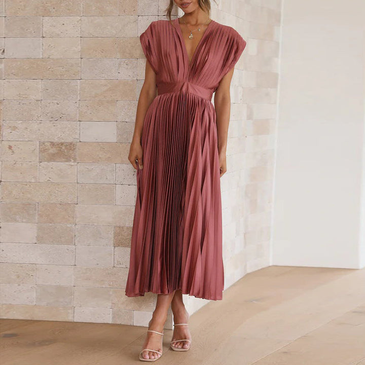 Pleated V-Neck Midi Dress