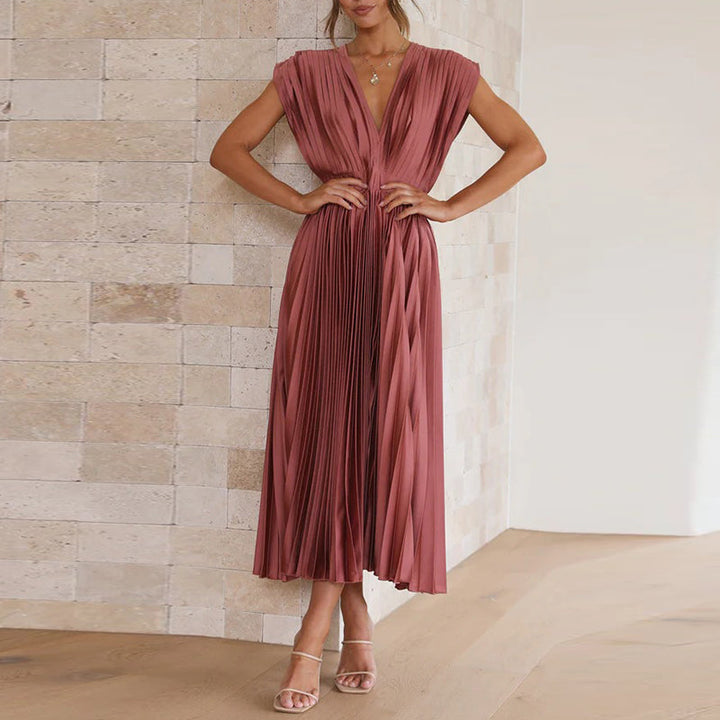 Pleated V-Neck Midi Dress