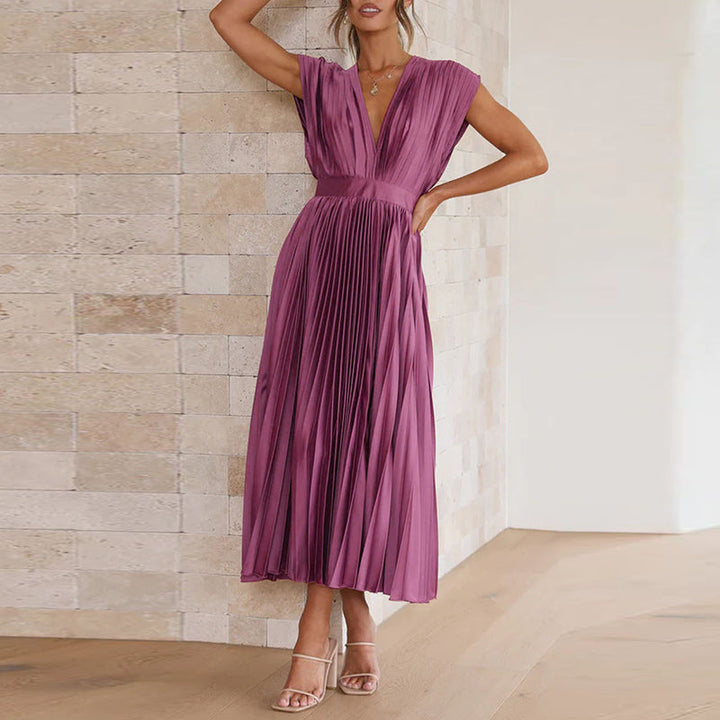 Pleated V-Neck Midi Dress