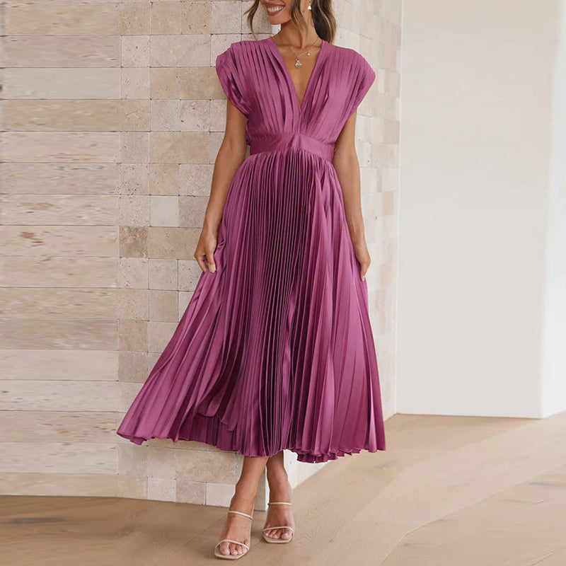 Pleated V-Neck Midi Dress