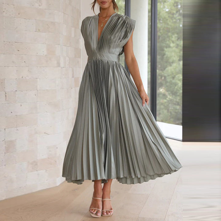 Pleated V-Neck Midi Dress