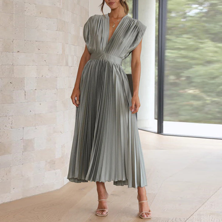 Pleated V-Neck Midi Dress