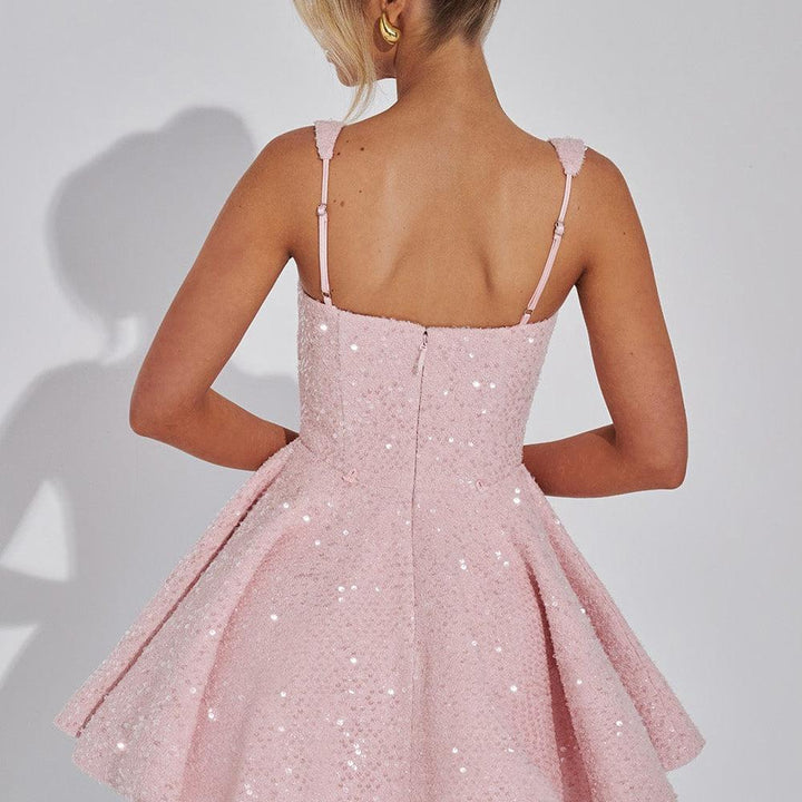 Backless Sequin Tweed Bow Dress