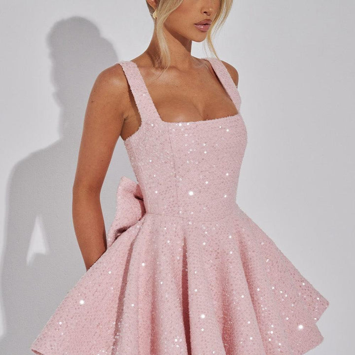Backless Sequin Tweed Bow Dress