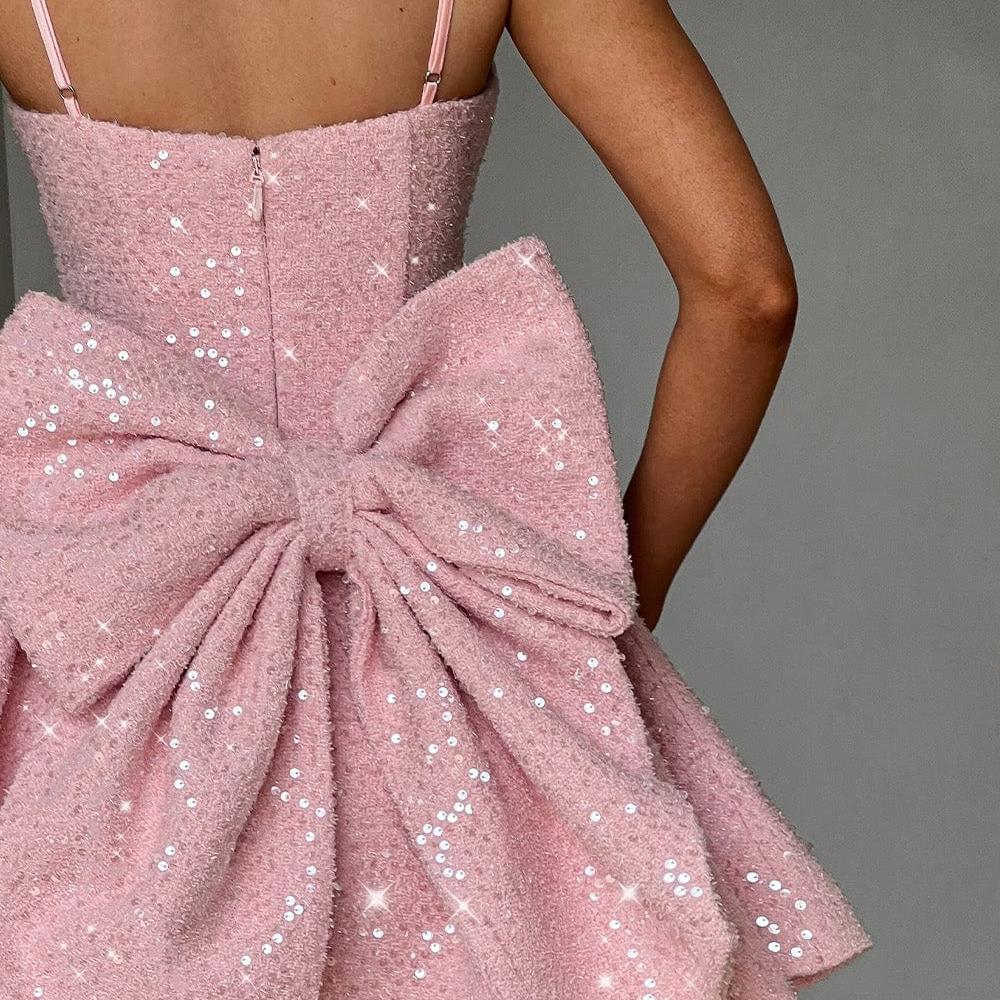 Backless Sequin Tweed Bow Dress