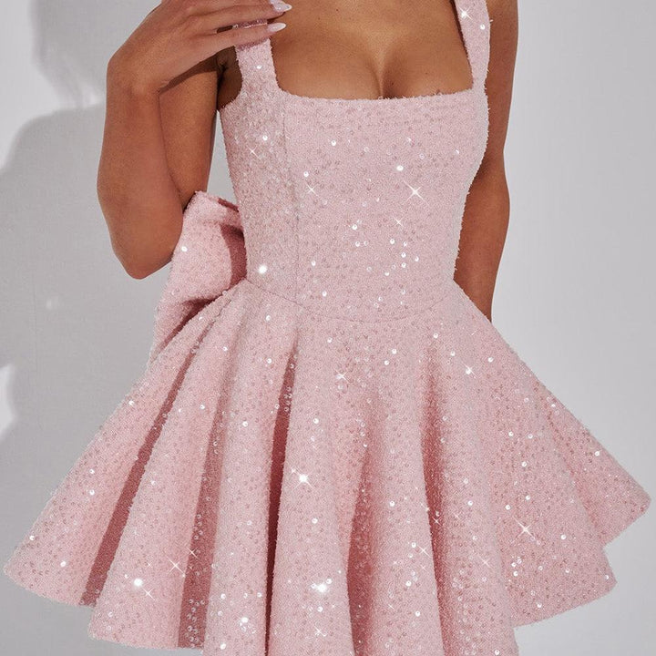 Backless Sequin Tweed Bow Dress