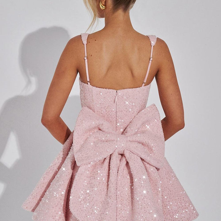 Backless Sequin Tweed Bow Dress