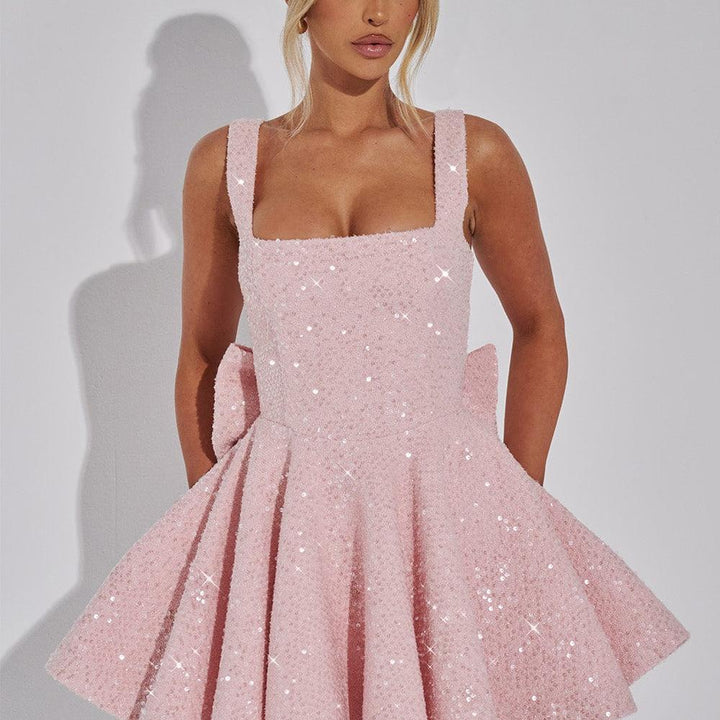 Backless Sequin Tweed Bow Dress