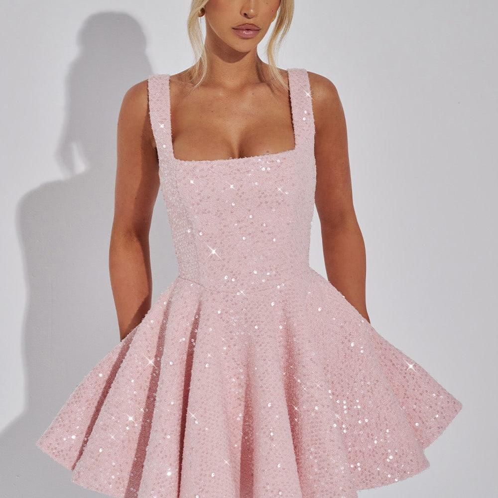 Backless Sequin Tweed Bow Dress