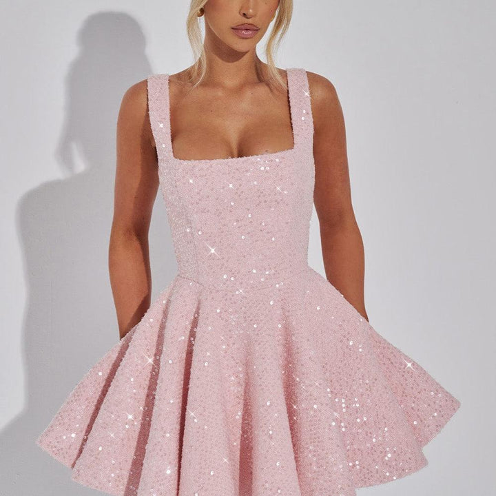 Backless Sequin Tweed Bow Dress