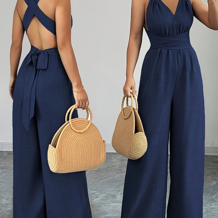 Halter V-Neck Ruched Wide-Leg Jumpsuit