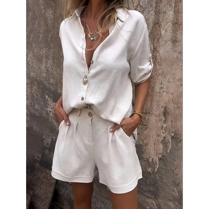Shimmer-Look Collared Top And Shorts Set