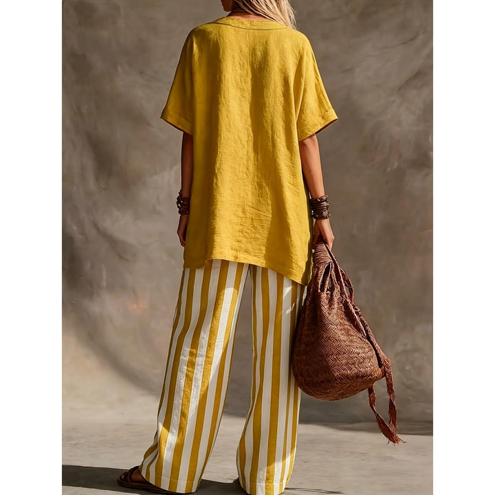 V-Neck Top And Striped Wide-Leg Pants Set