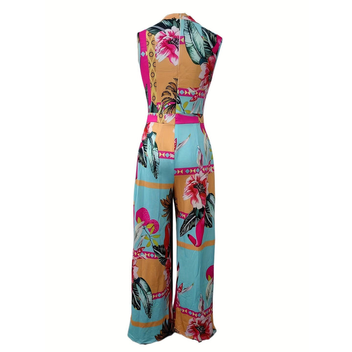 Abstract Tropical Print Belted Wide-Leg Jumpsuit