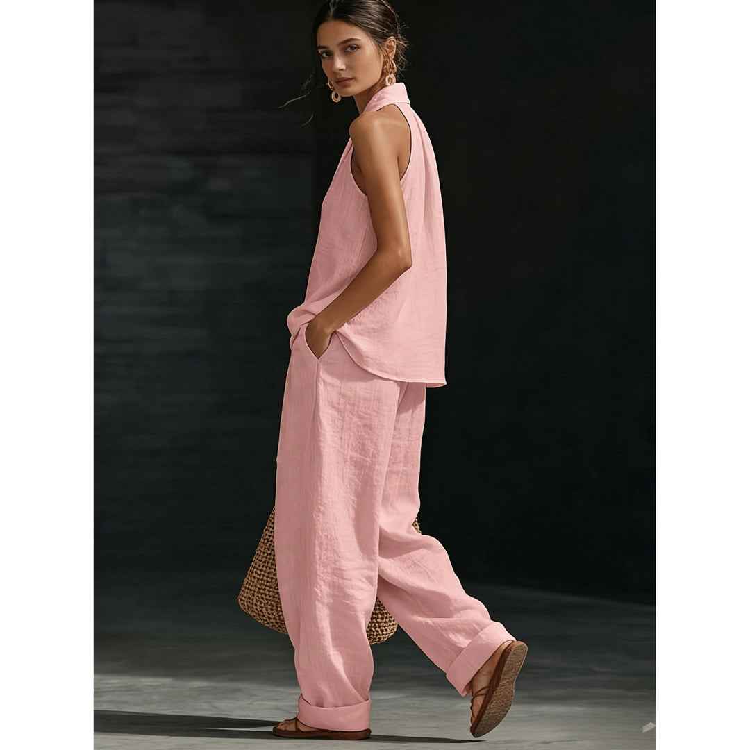 Halter V-Neck Backless Top And Wide-Leg Pants Set