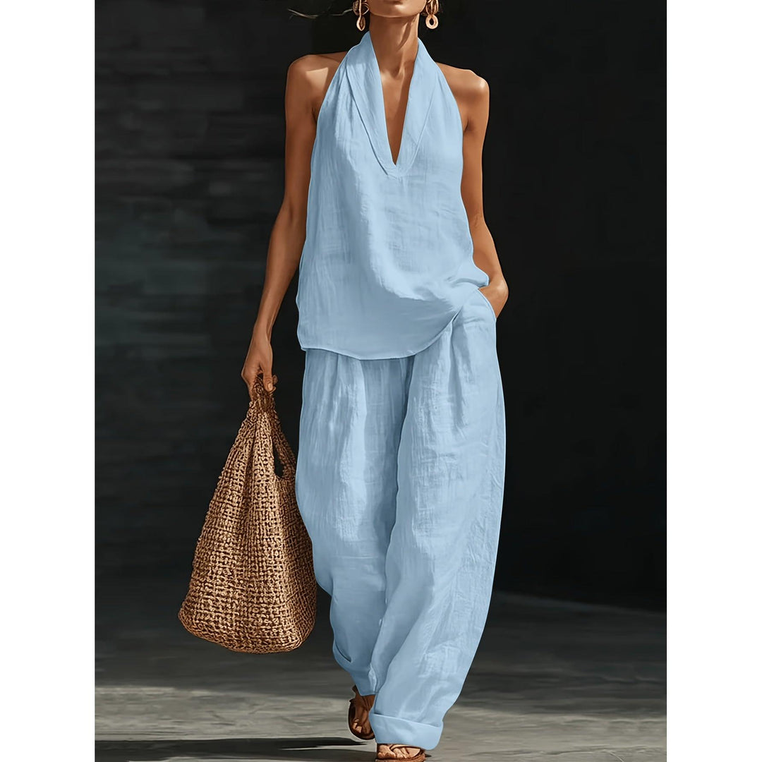 Halter V-Neck Backless Top And Wide-Leg Pants Set