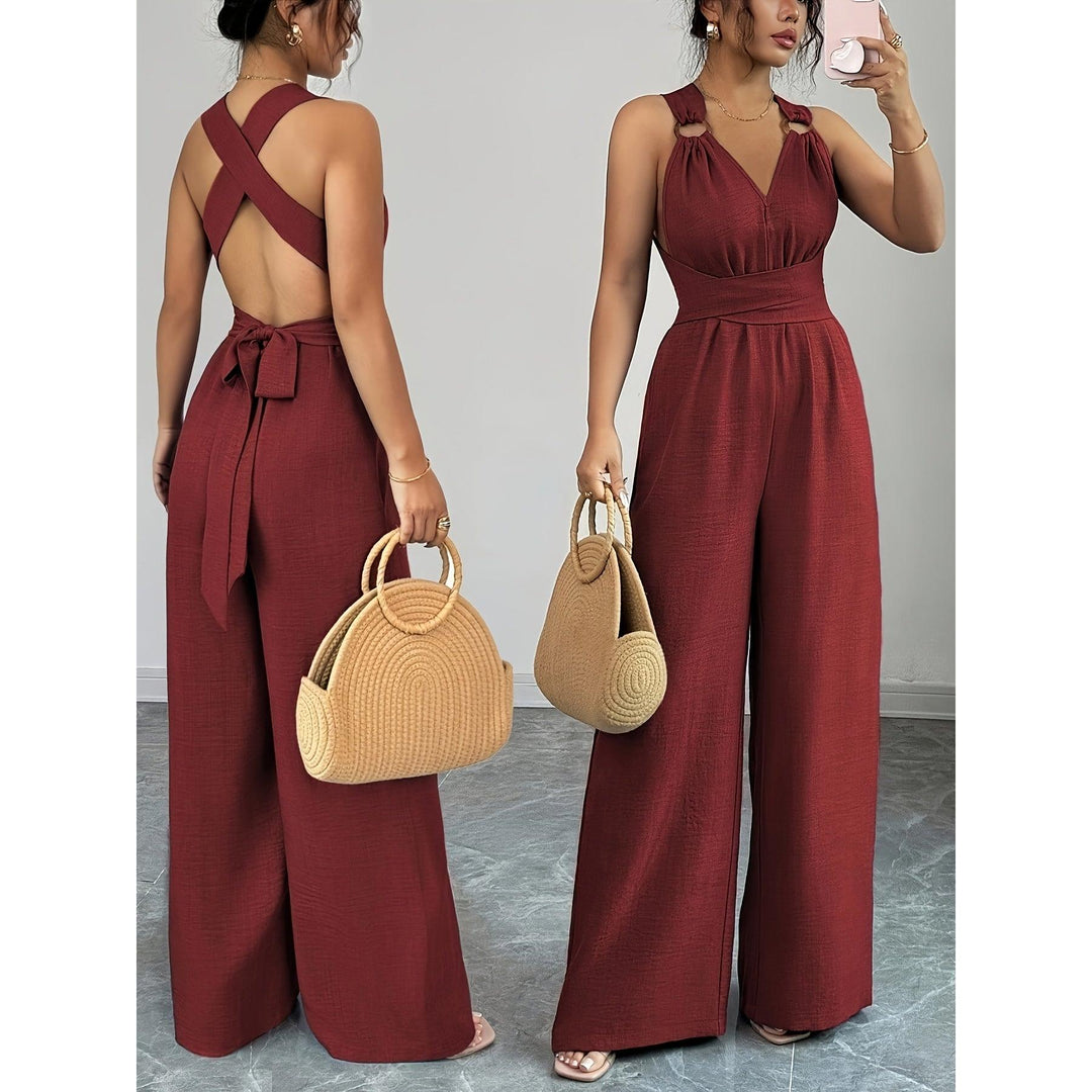 Halter V-Neck Ruched Wide-Leg Jumpsuit