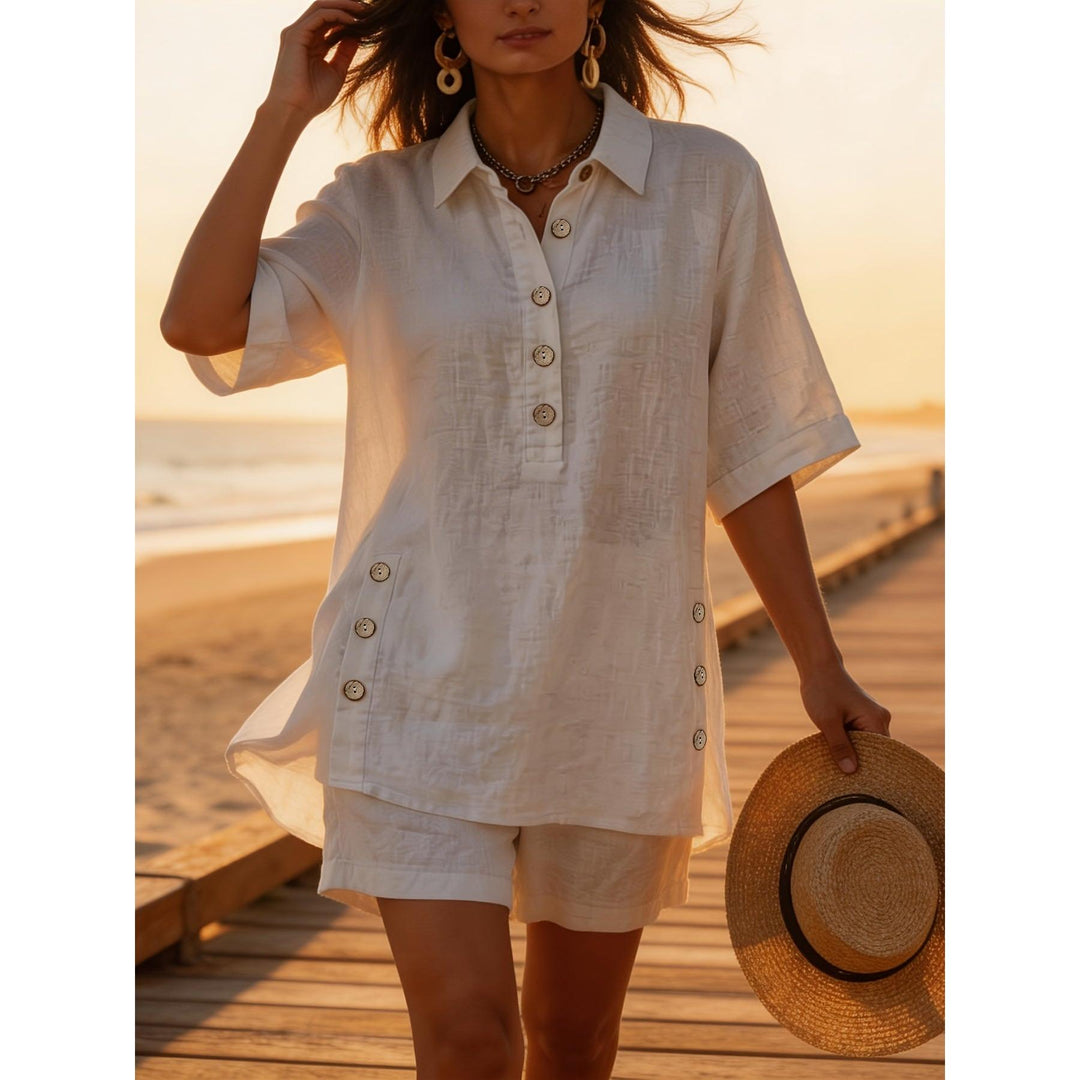 Button Detail Collared Top And Shorts Set