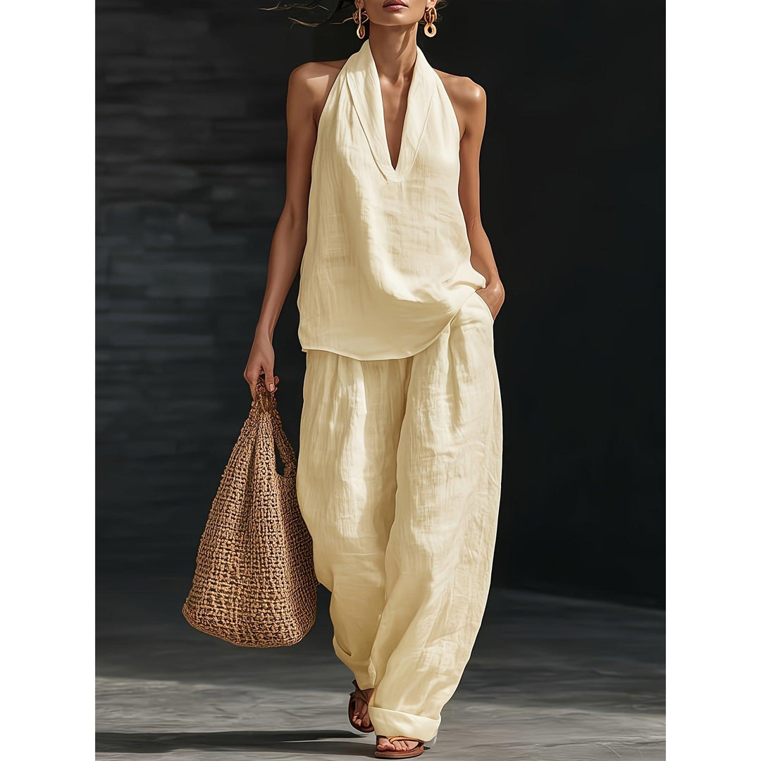Halter V-Neck Backless Top And Wide-Leg Pants Set