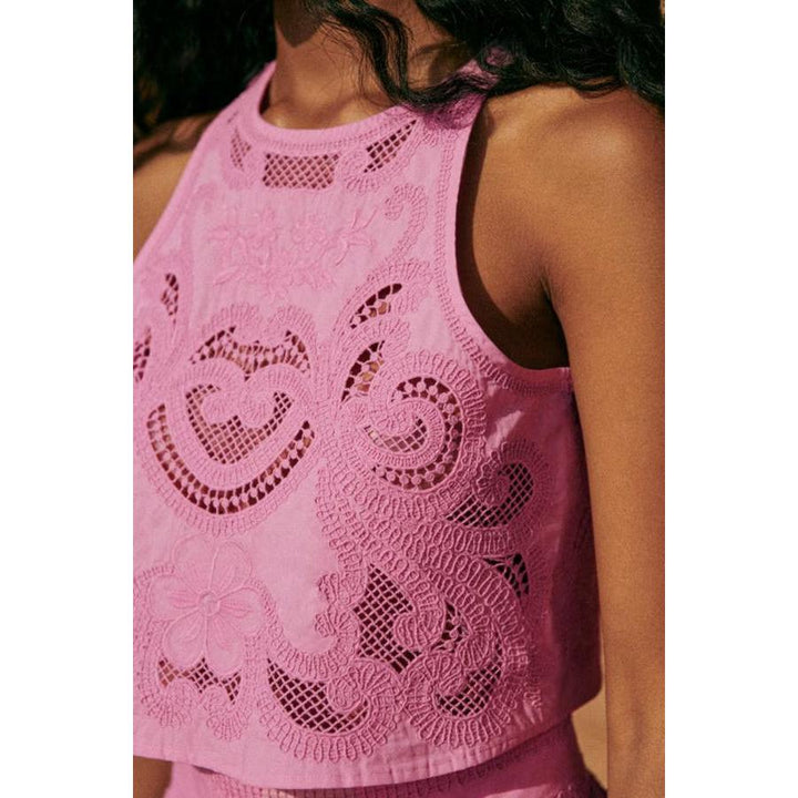 Pink Lace-Look Top And Skirt Set