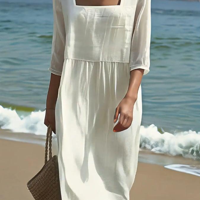 Three Quarter Sleeves Square Neck Shift Dress