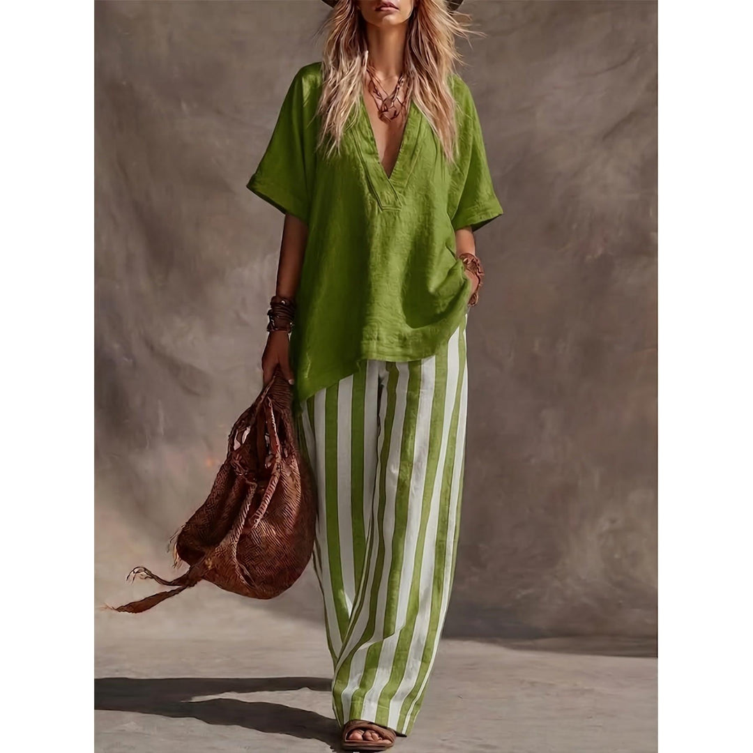 V-Neck Top And Striped Wide-Leg Pants Set