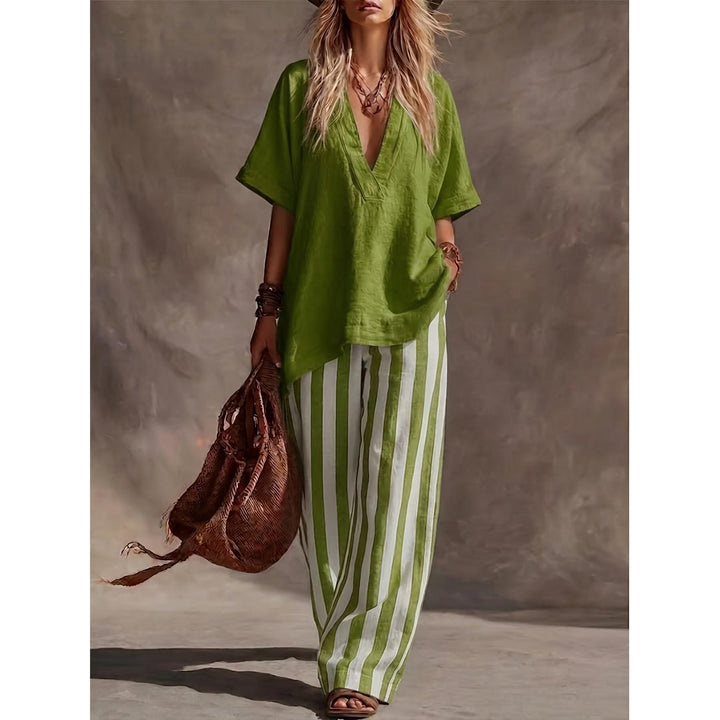 V-Neck Top And Striped Wide-Leg Pants Set