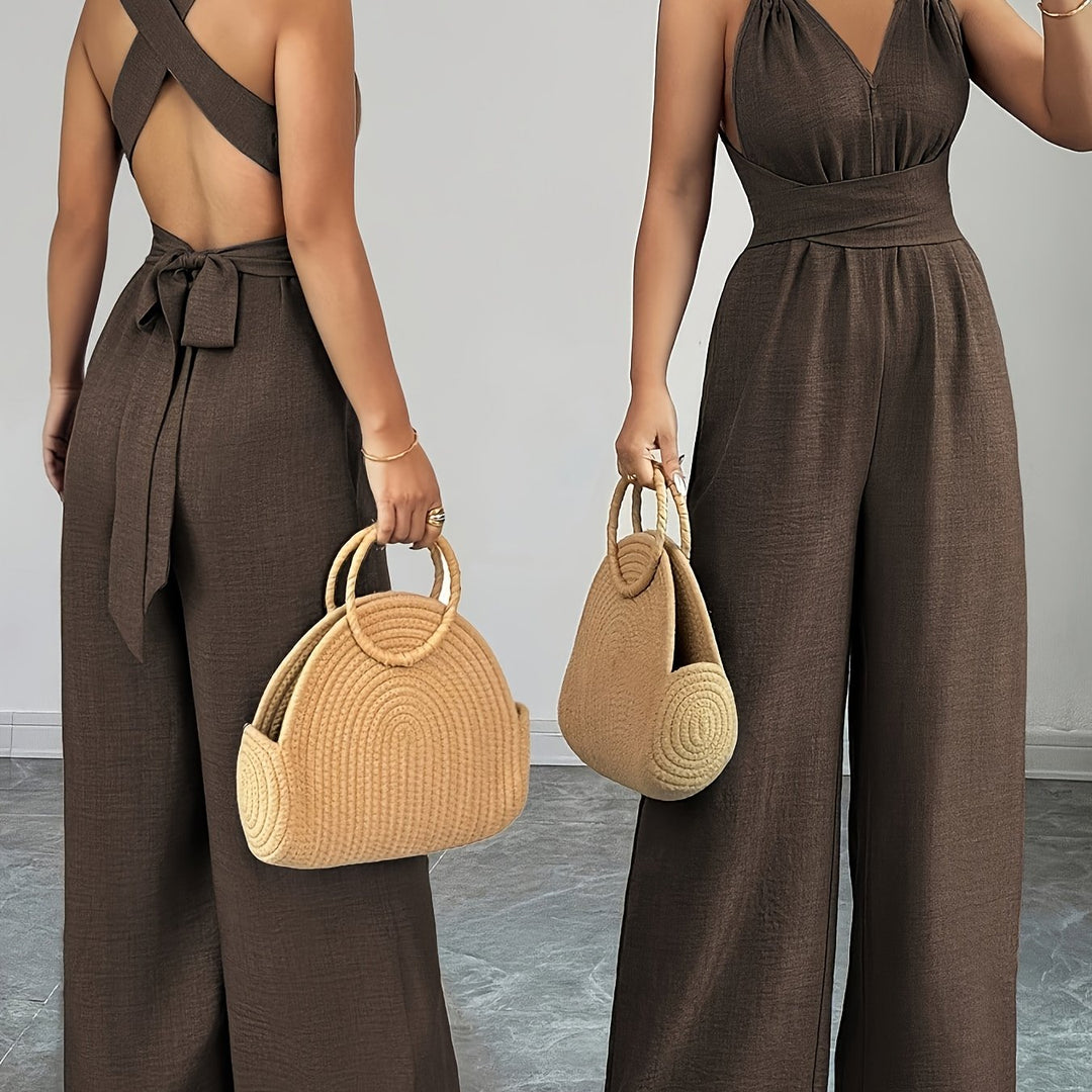 Halter V-Neck Ruched Wide-Leg Jumpsuit