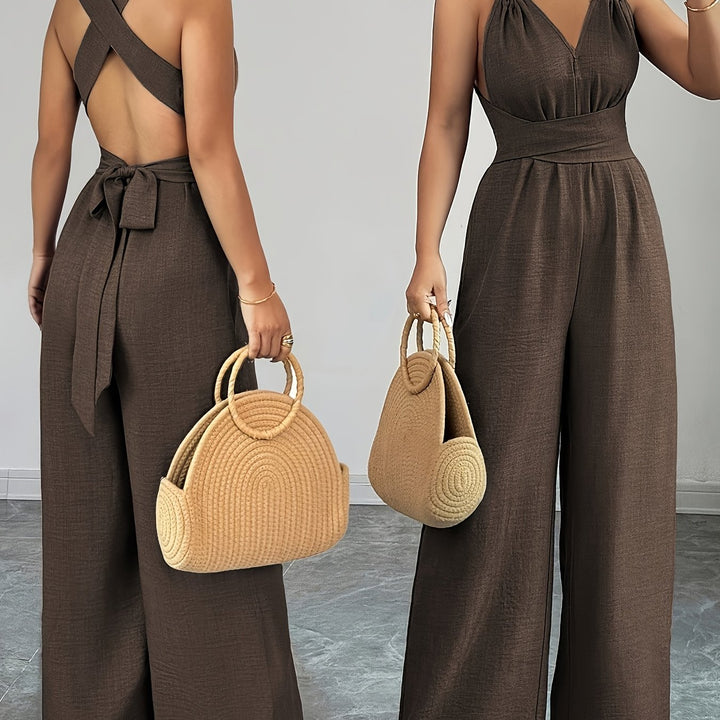 Halter V-Neck Ruched Wide-Leg Jumpsuit