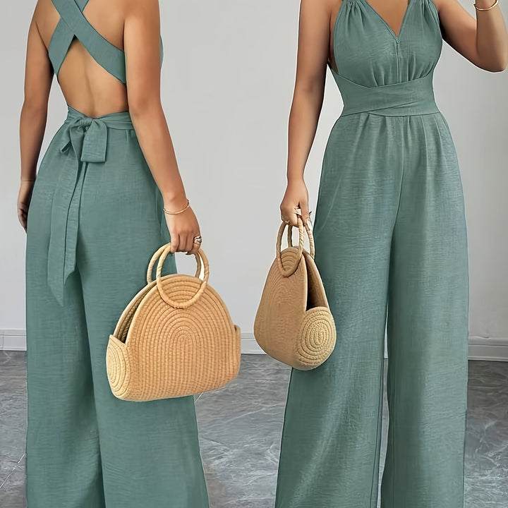 Halter V-Neck Ruched Wide-Leg Jumpsuit