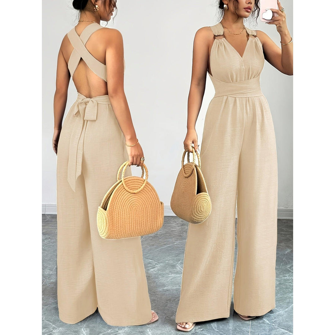 Halter V-Neck Ruched Wide-Leg Jumpsuit