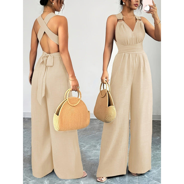 Halter V-Neck Ruched Wide-Leg Jumpsuit