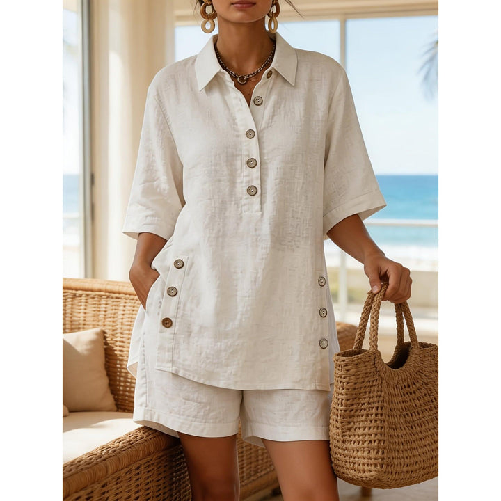 Button Detail Collared Top And Shorts Set